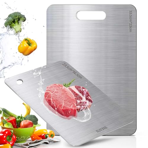 Funnity 2 Stücke Titan Schneidebrett, S316 Schneidebrett Edelstahl, Doppelseitiges Lebensmittel Grade Schneidbretter, Schneidebretter zum Schneiden von Fleisch, Brot, Gemüse und Obst 1