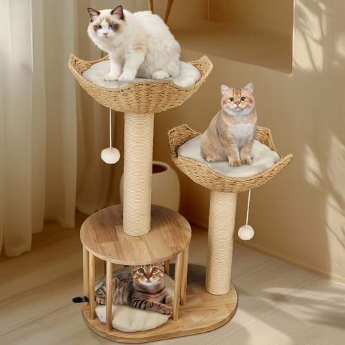 BingoPaw Tiragraffi per Gatti in Legno: Alto 99cm Stabile Albero Tiragraffi per Gatti Adulti Giochi Torre Graffiatoio con 2 Cesti per gatti Palla in sisal per arrampicarsi dormire