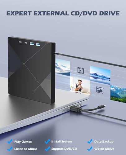 Image of Wbacon 7 in 1 External CD /DVD Drive for Laptop, Portable DVD Player for Laptop with SD /TF Port, External DVD Drive with USB 3.0 /Type C, CD Drive USB for PC Windows Linux