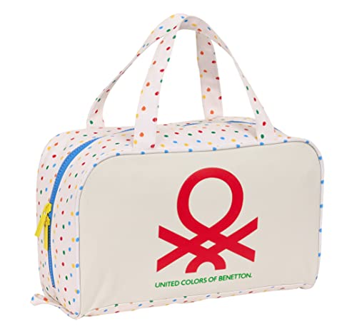 Safta BENETTON Topitos - Neceser Rectangular con Asa, Neceser Infantil, Adaptable a Carro, Ideal para Niños de 5 a 14 Años, Cómodo y Versátil, Calidad y Resistencia, 31x14x19 cm, Color Blanco roto