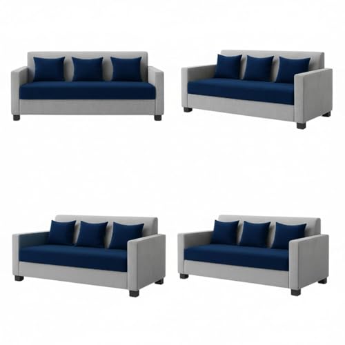 Image of FURNY Lexon 5 Seater Fabric 3+2 Sofa Set (Dark Blue-Light Grey) Premium Velvet Finish | Durable & Comfortable | Ideal for Living Room