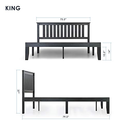 Mellow Marley 14 Inch Solid Wood Platform Bed with Paneled Headboard, Ebony Black, King