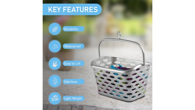 Durable Plastic Peg Tidy Basket Laundry/Clothes Pegs with Handle Light Weight Convenient Size for All Garment Hanging With Hook Washing Line Airer Basket (Silver Basket Only)