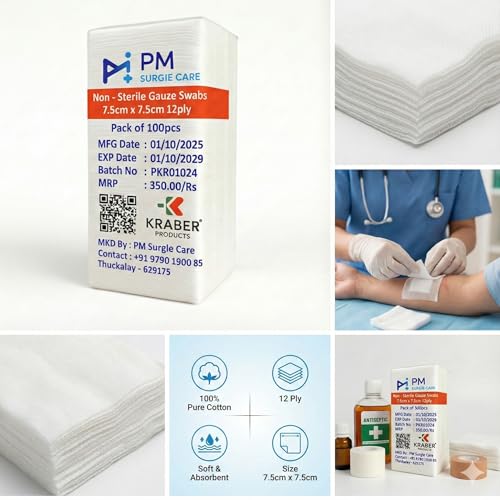Image of PM Non Sterile Gauze Swabs 7.5 x 7.5 cm 12 Ply Type 17 - 6 x 100 Pieces (Total 600 Gauze Pads) | Medical Grade Absorbent Cotton Dressing for Hospital, Clinic & First Aid