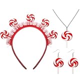 Yuefunny 4 Pcs Candy Costume Accessories Women Lollipop Headband Necklace Earrings Halloween Cosplay Outfits Photo Props(Red White 2,Sweet)