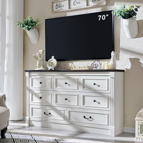 Image of Aitjunz Farmhouse 8 Drawers Dresser for Bedroom, 61 inch Wide Large Dressers & Chests of Drawers w /Roman Column, Storage Dressers Organizer for Bedroom, Hallway, Living Room, White