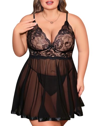UMIPUBO Conjunto de Lencería Sexy para Mujer Ropa de Dormir Lingerie Talla Grande Interior Pijama de Encaje Babydoll Cuello V Vestido y Tanga Xl-4XL (Negro, XXL)