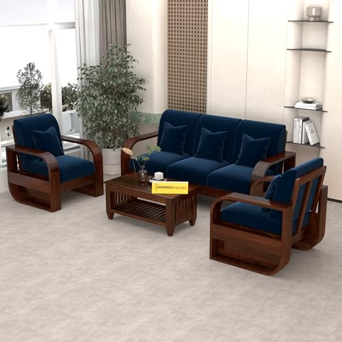 NEW MAMTA FURNITURE Solid Sheesham Wooden 5 Seater Sofa Set Without Coffee Table with Blue Cushion for Living Room Furniture - Walnut Finish (3+1+1)