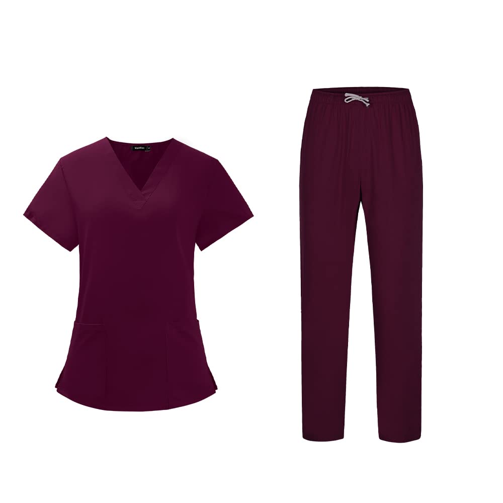 Scrubs Set Medical Uniform for Women Scrub Top with V-Neck & Cargo Pant Short Sleeved Suit for Nursing Doctor with Pockets (Burgundy,S,Small)