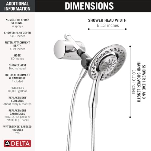 Delta Faucet 4-Setting In2ition 2-in-1 Dual Shower Head with Clarifi Standard Shower Filter Attachment and Filter, Chrome Shower Head with Filter, Filtered Shower Head, Chrome 7SF110B - image 7