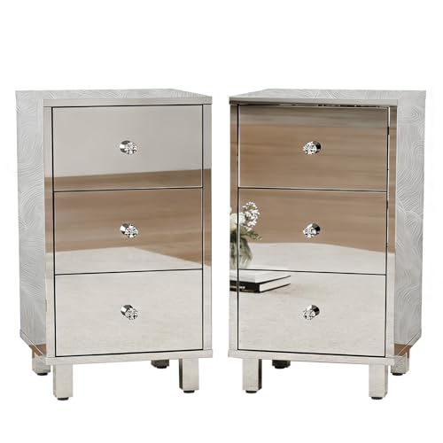 LEADZM Table de Chevet Miroir, Meuble de Chevet avec 3 Tiroirs, Table d’Appoint, Table de Nuit,...