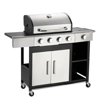 MELLCOM 4-Burner Propane Gas Grill with Side Burner- 49,000 BTU Stainless Steel BBQ Grill with Cabinet, Porcelain-Enameled Cast Iron Grates for Outdoor Cooking, Patio, Backyard