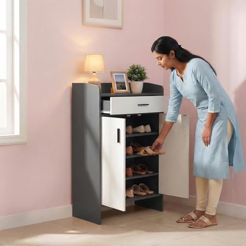Image of Decor & More 2 Door Shoe Rack Wooden with Shelf and Drawer, Shoes Rack with Door for Home, Shoe Organizer Space Saver, Shoe Cabinet Stores 15-16 Pairs, Footwear Stand,DIY
