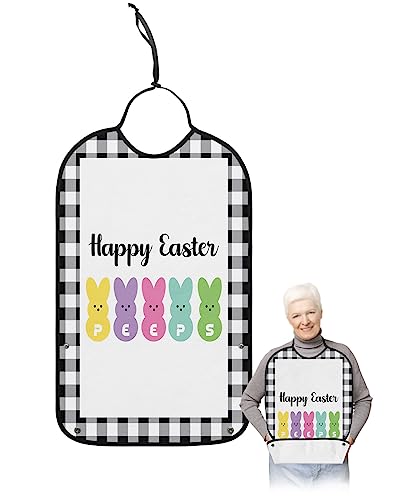 Kewadony Adult Bibs for Elderly Women - Happy Easter Waterproof Dining Clothing Protectors with Crumb Catcher for Eating/Feeding, Spring Colorful Bunny on Black Buffalo Plaid Terry Cloth Bib Washable