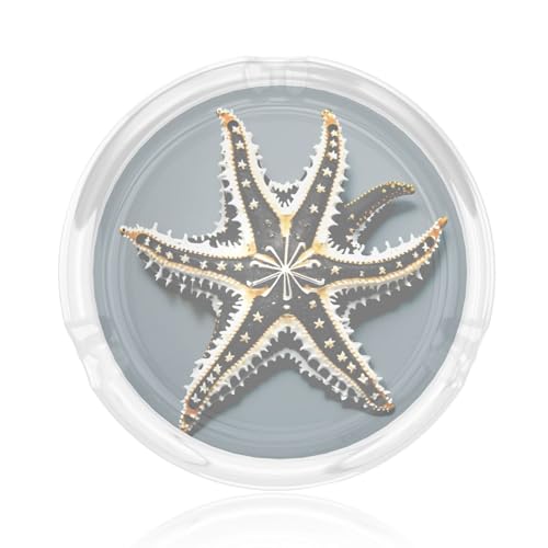 Posacenere rotondo in vetro trasparente con stampa di stelle marine, 8,4 cm, per decorazione esterna, casa, ufficio, patio, auto, facile da pulire