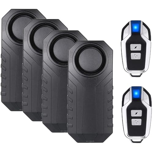 Mengshen Alarma Bicicleta Mejorada 113dB Loud Impermeable Inalámbrico Moto Alarma con Sensor Movimiento Vibración Antirrobo Remoto para la Seguridad Ciclismo (4 sensores con 2 mandos a Distancia)