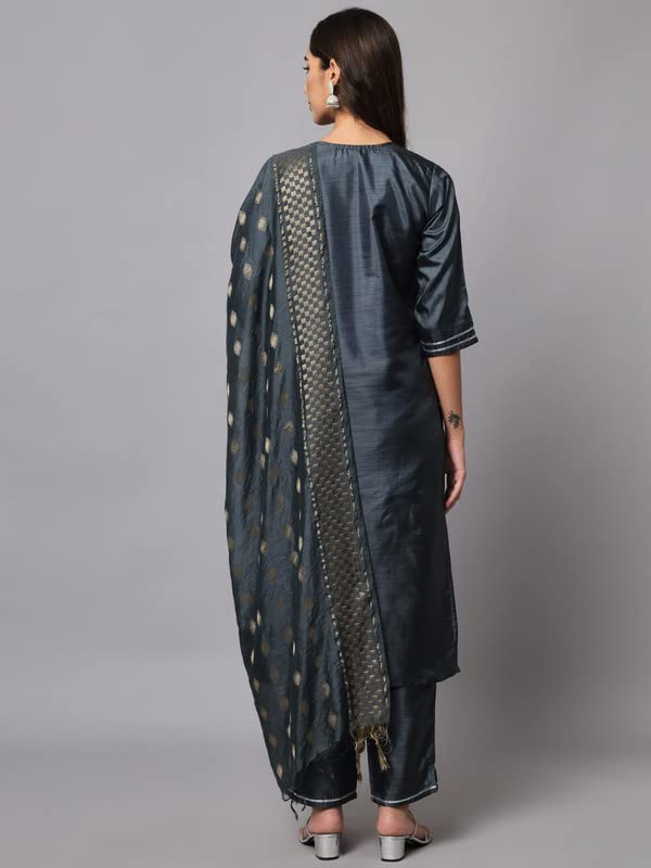 Image of VredeVogel Women's Cotton Silk Blend Embroidered Viscose Print Kurta Pant With Dupatta Set