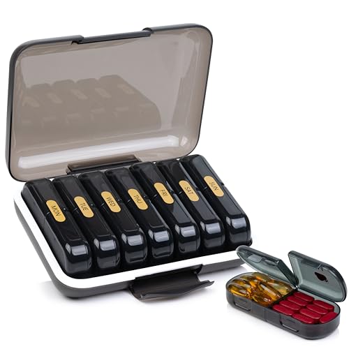 Image of Premium Weekly pill organizer 2 times a day, Medicine organizer box| Medicine box for Home, portable travel pill box weekly with large compartments moisture-proof pill case for vitamin, Medicine, pills, supplements (Black-2 Compartment)