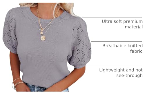 Image of Womens Short Sleeve Sweaters Crewneck Knit Pullover Tops 2025 Summer Casual Lightweight Crochet Blouse Shirt