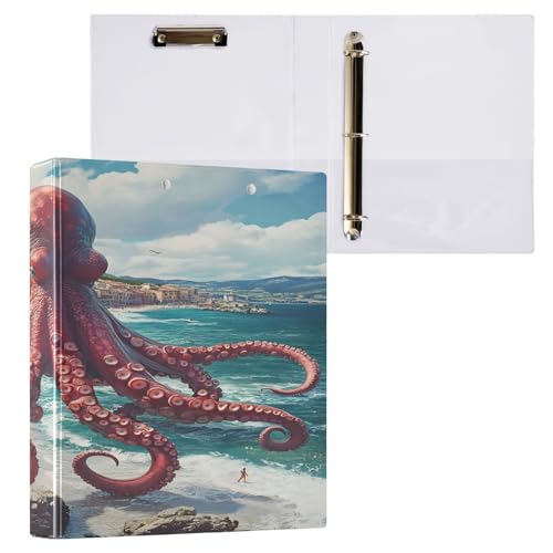 Image of 3 Ring Binder Octopus Ocean Nautical Coastal 1.5 inch Binders Three Ring Binders with Clipboard Fit 8.5'' x 11'' Paper 3 Interior PVC Clear Pockets for Office Supplies