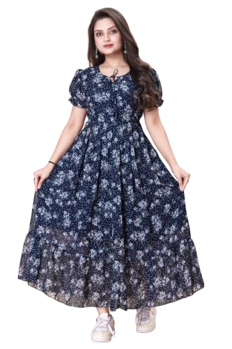 Image of Women's Printed Georgette Regular Fit Round Neck Short Sleeve Fancy Flare Long Dress