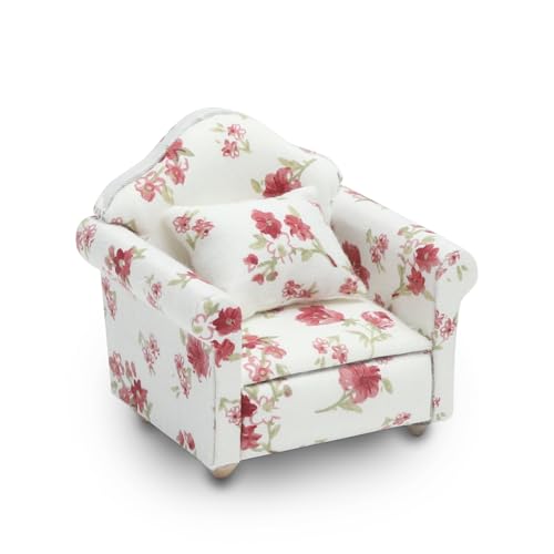 VOSSOT Puppenhaus Möbel Miniatur Sofa Set - Miniatur Sessel mit Kissen & Stoffbezug, Holzrahmen Puppenhaus Zubehör, Vintage Design für Sammler, Dekoration für Miniatur Wohnzimmer & Miniatur Zubehör