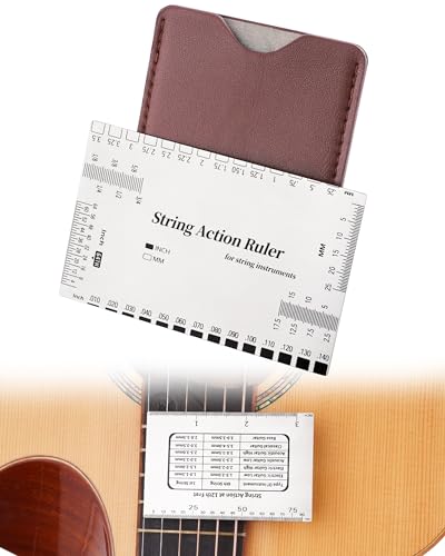 Guitar String Action Gauge Ruler, Professional Setup Tool with Dual mm & 1/64' Scales - for Electric, Acoustic, Bass Guitars - Includes Measurement Chart & Protective Sleeve - Print Silver Edition