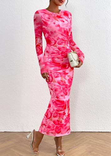 Image of PRETTYGARDEN Women's Floral Bodycon Maxi Fall Dress | Sheer Mesh, Boho Tie Dye, Long Sleeve Fitted, Ruched Waist, Wedding Guest, Cocktail Party Holiday, Elegant Spring Outfits