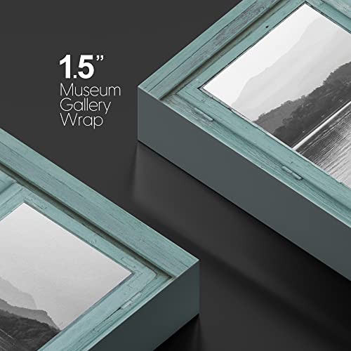 Wall26 - Vintage Teal Window Looking Out Into A Black And White Boat On A Lake With A Mountain View - Canvas Art Home Art - 24X36 Inches #TOP3
