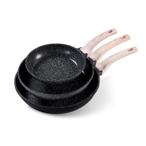 CAROTE Non Stick Frying Pans,Nonstick Granite Fry Pan Egg Pan Omelet Pans, Stone Cookware Chef's Pan, PFOA Free, Black Granite, 8"+10"+12”
