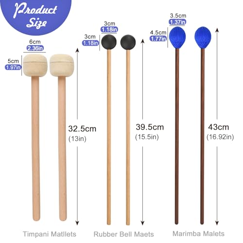 YZNlife Marimba Mallets Glockenspiel Sticks 1 Pair Medium Hard Yarn Head Marimba Mallets,1 Pair Felt Head Timpani Mallet and 1 Pair Rubber Mallets Sticks for Percussion Bass Timpani Instrument Bell