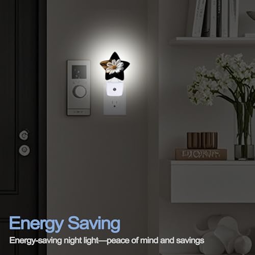 Image of White Daisy Flower Dusk to Dawn Star Night Light,Abstract Floral Smart Sensor Nightlight for Bedroom Kitchen Hallway Stairs,Plug-in Energy Efficient Decor Desk Lamp Women Men Gifts