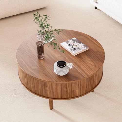 Image of Round Fluted Lift Top Coffee Table with Storage, Mid Century Modern Coffee Table for Living Room, Home Small Space,31.5 inch Fluted Center Table (Walnut, 31.5inch)