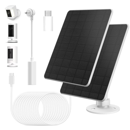 Image of 2PC Solar Panel for Ring Camera, 5W Compatible with Rings Spotlight &All-New Stick Up Outdoor Cam Battery, Includes Barrel Plug to Micro USB & USB-C Port Adapter, 3600mAh, IP65 Waterproof, 10ft Cable