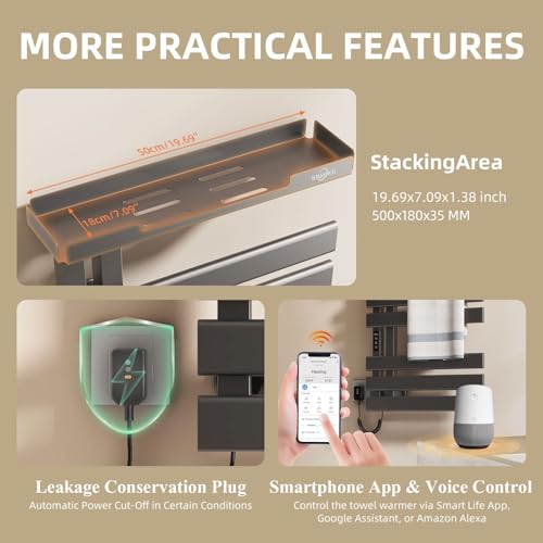 WRJAHCG Handtuchtrockner Elektrisch Smart WiFi,Elektro Handtuchheizkörper Mit Lagerregal,Badheizkörper Handtuchhalter Elektrisch Bad mit Thermostat,Für Alexa Und Assistant Und App,50×72cm,Grau