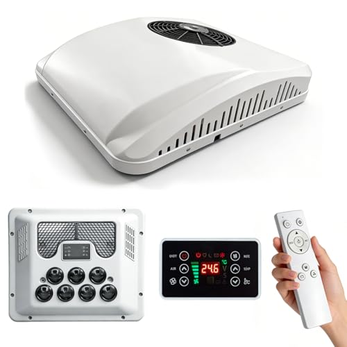12V RV Air Conditioner with Heat 11000 BTU Cooling & 3500 BTU Heating Low Profile Rooftop AC Unit for Off-Grid Campers Van Life Boats Trailers Fast Cooling Quiet Operation Solar & Battery Powered