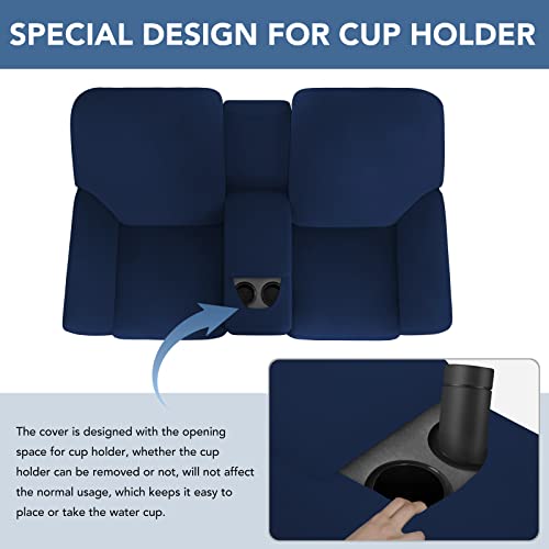 Image of Easy-Going Stretch Recliner Loveseat Cover with Center Console Sofa Slipcover Soft Fitted Fleece 2 Seats Couch with Cup Holder and Storage Washable Furniture Protector Navy