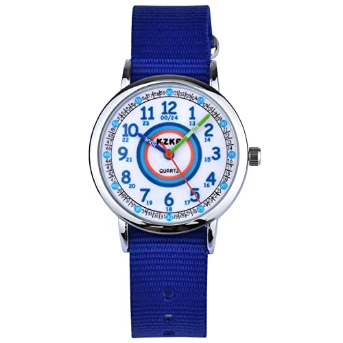 KZKR Montre Enfant Fille Garcon Analogue Pédagogique Facile a Lire Apprentissage Quartz Montre-Bracelet pour Adolescente Cadeau Étanche Mignon Enseignement Nylon (Bleu) Cover