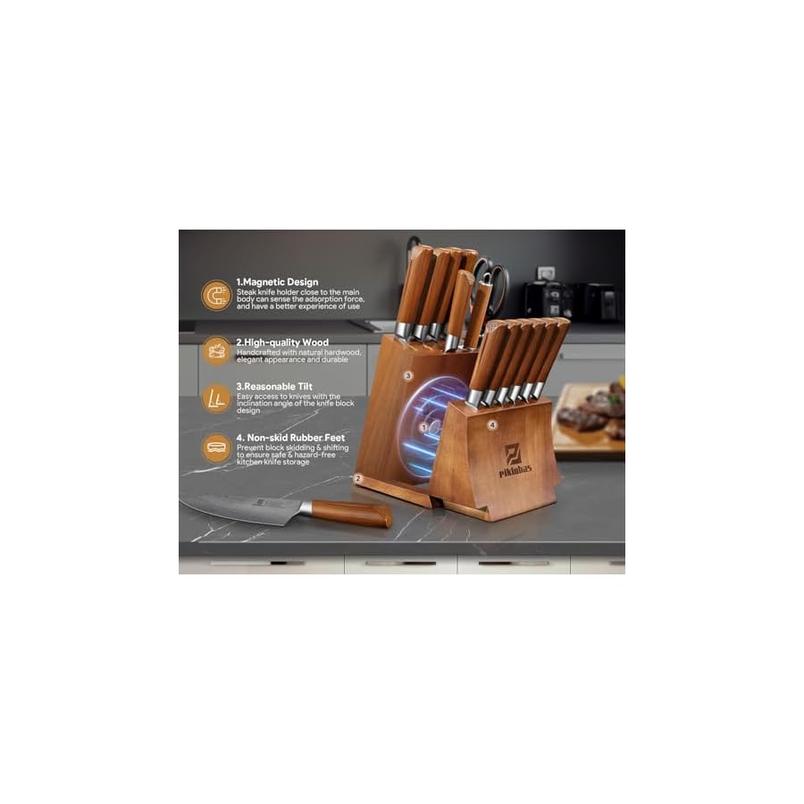 Kitchen-Knife-Sets-With-Block-Piklohas-15-Pieces-Knife-Sets-With-Magnetic-Detachable-Knife-Holder-High-Carbon-Steel-Damascus-Pattern-Chef-Knife-Set-With-Steak-Knives-Ideal-For-House-Warming-Gift Kitchen Knife Sets With Block, Piklohas 15 Pieces Knife Sets With Magnetic Detachable Knife Holder, High Carbon Steel Damascus Pattern Chef Knife Set With Steak Knives, Ideal For House Warming Gift