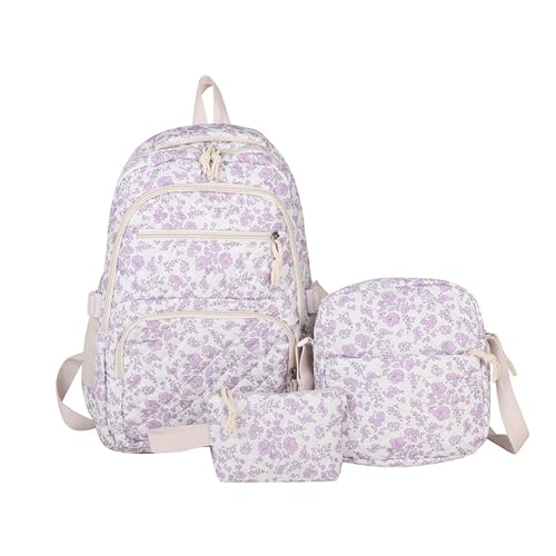 Sac à dos école violet avec compartiments multiples et trousse assortie