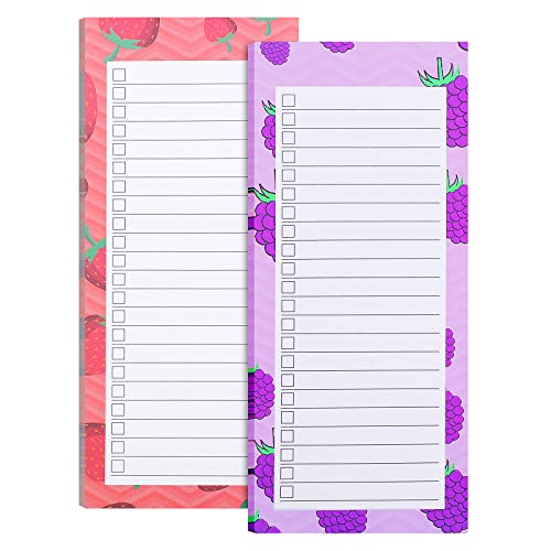 2-pack magnetiska inköpslistor för kylskåp, 100 rivbara blad, magnet anteckningsblock, inköpslista, fruktdesign, magnetisk inköpslista för kylskåp, magnet tillbaka inköpslistor (druva + jordgubb)