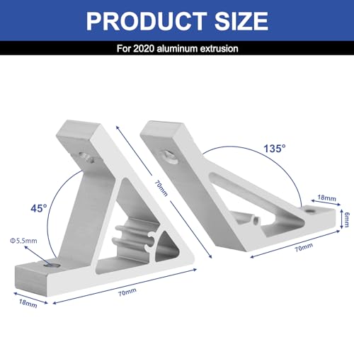 Image of 12 pcs Silver 2020 45 /135 Degree Corner Bracket Connector 2020 Extrusion Hardware T-Slot V-Slot Accessories with Screws and Nuts for 2020 Extrusion Angle 3D Printer Framing Accessories