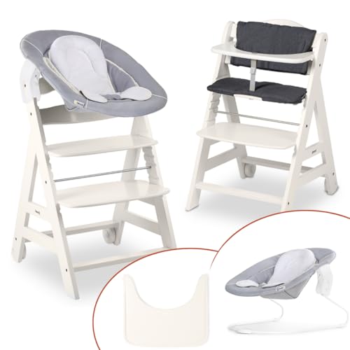 hauck Beta Plus Newborn Set   Trona Evolutiva Madera con Hamaca Bebé Recien Nacido Cojín y Bandeja   Trona Evolutiva Bebe con Ruedas   Silla Evolutiva   Blanco
