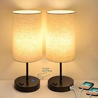 Set of 2 Touch Control 3-Way Dimmable Table Lamp with 2 USB Ports Modern Nightstand Lamp with AC Outlet Bedside Lamps with Fabric Shade Desk Lamp for Living Room Bedroom Hotel, Cream, Bulbs Included
