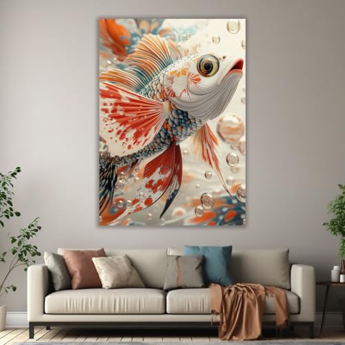 Cuadro en lienzo de pez subacuático TERUEA naranja de 40x60cm sin marco para salón 3