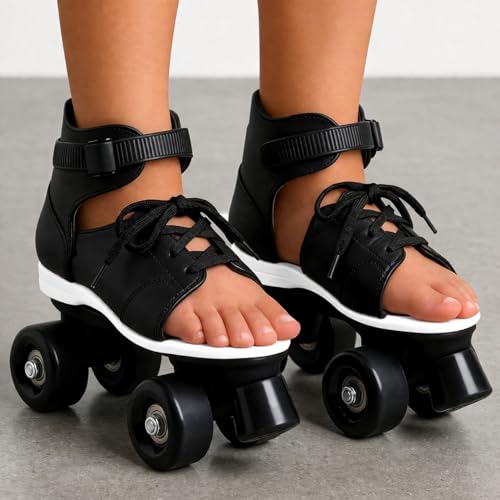 Image of KAVANA Adjustable Inline Roller Skates for Kids Girls Age 4-12 | Beginner-Friendly Skating Shoes with Front Brake & Polyurethane Wheels | Skates for Boys & Girls 4+ Years (Black, Size 5-12 UK)