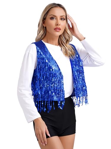 YiZYiF Womens Sequin Fringe Sleeveless Vest Sparkly Fitted Jacket Crop Cardigan Rave Outfits Clubwear4