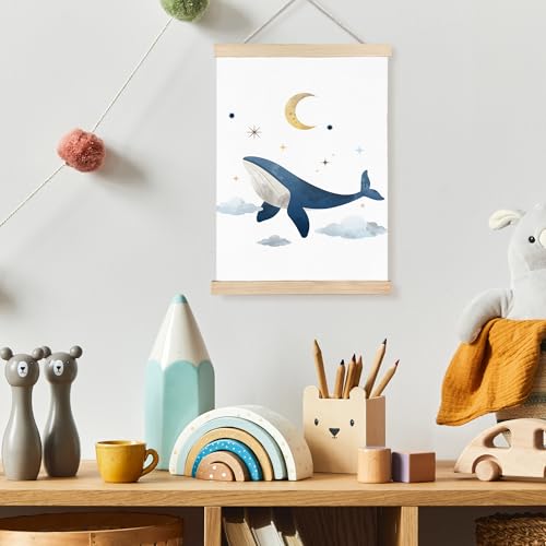 Image of PQKIY Whimsical Whale Ocean Nursery Wall Art Poster Hanger Frame 12x16 in, Fantasy Celestial Ocean Animal Wall Decor Canvas Prints for Nursery Toddler Boys Kids Room Bedroom Playroom