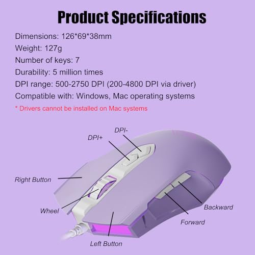 Image of Lomiluskr AJ52 RGB Wired Gaming Mouse, 7 Programmable Buttons, Computer Mice with RGB Lighting, 200-4800 DPI Adjustable, for PC /Laptop (Purple)