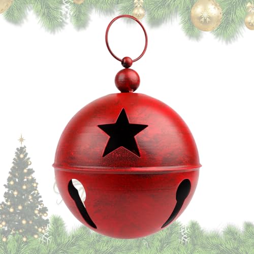 YIYA Big Christmas Jingle Bells Decorações bola de Natal gigante vermelha de ferro 23 x 30 cm Jingle Bell Decoração de quintal de Natal para porta de árvore de Natal, decoração de jardim